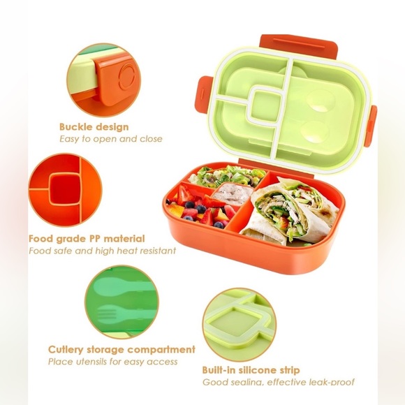 1.3L Bento Box Adult Lunch Box 4 Compartments Utensiles, Leak-Proof Purple - Picture 4 of 12